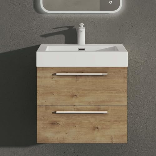 doporro Badmöbel-Set Waschbeckenunterschrank mit Soft-Close in Kerneiche 73x48x60cm Waschplatz komplett Set inkl. Mineralguss-Waschbecken