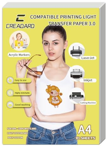 Transfer Paper for Inkjet and Laser Printers, T-Shirt Heat Transfer Paper, Printable Heat Transfer Vinyl, Suitable for White and Light-Colored Fabrics, Easy to Cut and Use. 10 Sheets A4 (8.3*11.7)