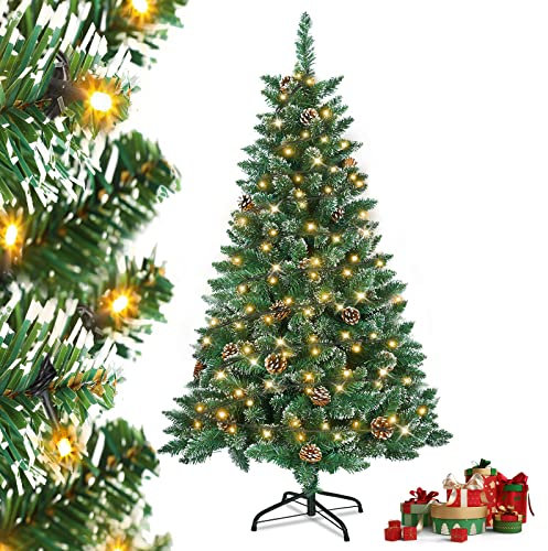 XMTECH Künstlicher Weihnachtsbaum mit Beleuchtung Weiß Schnee-Effekt Kiefernzapfen LED Tannenbaum Christbaum Grüne PVC mit Metallständer für Weihnachten Dekoration 180cm