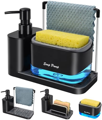 Bestseek Hand & Dish Soap Dispenser Set w/Tray, Dual Soap Dispenser w/Sponge Holder & Dishcloth Holder 5-in-1 Organizer Kitchen Sink Countertop Storage Organize - Useful Kitchen Gadgets (Black)