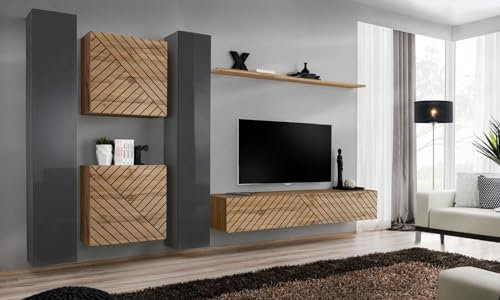 All4All Wohnwand SW VI mit Lamellen - Wohnzimmermöbel - Schrankwand für Wohnzimmer - Wohnzimmerschrank - Anbauwand - Wohnwand Hängend - Modern - Mediawand -Möbel - Grau+Wotan 21