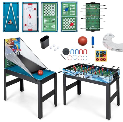 DREAMADE 14 IN 1 Tischkicker Spieltisch mit Tischfußball, Airhockey, Billard, Tischtennis, Schach, Bowling, Shuffleboard, Basketball, Tic Tac Toe & Basketball für Kinder & Erwachsene