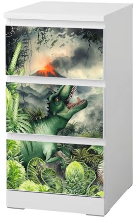 Sunnywall® Möbelfolie passend für IKEA Malm Kommode Schrankfolie Aufkleber mit Dinosaurier T-Rex Motiv | blasenfrei verkleben | Kinderzimmer 3er 40 cm