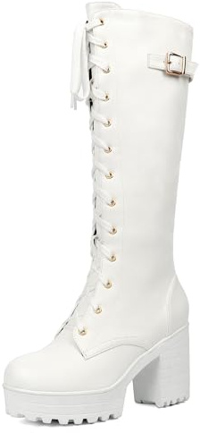 Etebella Damen Goth Knee High Combat Boots Blockabsatz High Heels Plateau Kniestiefel Punk Kniehohe Schnürstiefel(Weiß,42)