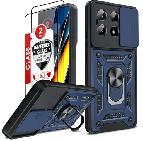 LeYi Funda para Xiaomi Poco X6 Pro 5G con [2-Unidades] Cristal Vidrio Templado, Carcasa Cubierta de cámara Deslizante Proteger Anillo Soporte Silicona TPU Armor Bumper Case, Azul