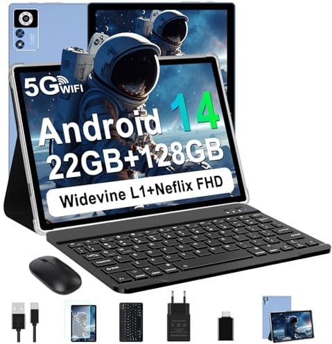 ZIOVO Tablet 10 Zoll Android 14 mit 22GB RAM+128GB ROM(TF 1TB), 5G WLAN, Octa-Core, Widevine L1, 8000mAh, BT 5.0, 5MP+8MP, GPS, Tablet mit Tastatur, Maus - Blau