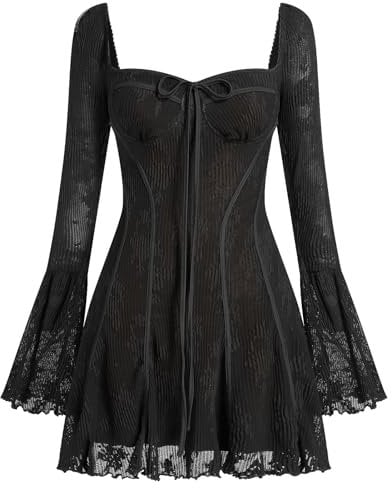 IBAKOM Women's Sexy Mini Corset Dress - Vintage Long Bell Sleeve, Floral Lace, Ruffle A Line Flowy Party Dress - Black S