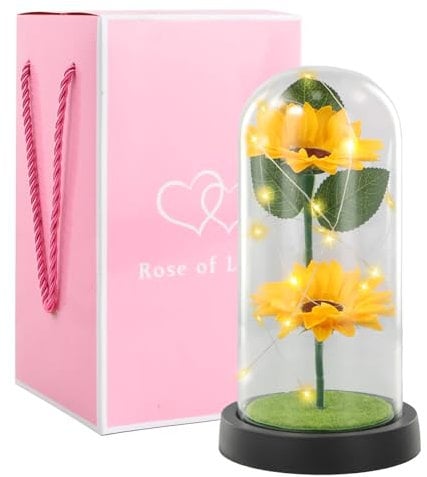 Jinlaili Künstliche Sonnenblume Licht, Sonnenblumen Geschenke für Mutter, Sonnenblumendekor in Glaskuppel mit LED-Lichter, Geschenk zum Muttertag für Ehefrau, Oma, Lehrerin, Schwester, Blumengeschenke