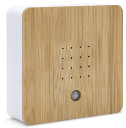 Vogelgezwitscher Soundbox mit Front aus Bambus - 12 cm - Lautsprecher mit beruhigendem Vogelgesang - Deko Box mit Naturgeräuschen Vogel Sound 2 Meter Sensor für Bad Spa Gäste WC und Entspannung