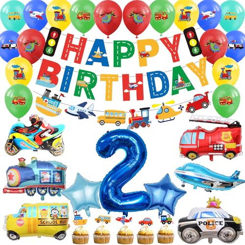 Auto 2. Geburtstag Dekorationen Junge - 29pcs Transport Party Supplies Including Happy Birthday Banner, Truck Latex Balloon, Number 2 Foil Balloons for 2 Year Old Boys