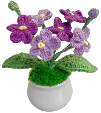 Gehäkelte Pflanze 4,3x2,3 Zoll Wolle Vergissmeinnicht gehäkelte Blumen mit Blättern und Stempeln pflegeleicht bezaubernde gestrickte Kunstblumen Geschenk für die Heimdekoration gehäkelte Blumen