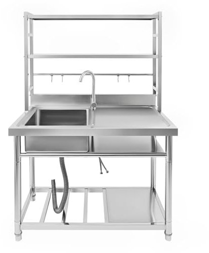 Fregadero de cocina de acero inoxidable, fregadero de cascada con 4 ganchos y grifo, estantes de almacenamiento, fregadero comercial con armario inferior para exteriores, lavadero, bar, restaurante
