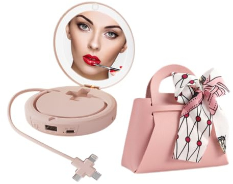 4 IN 1 Electric Hand Warmers Rechargeable For Women+Make Up Mirror Travel+Portable Charger Power bank+Light up Handbag Mirror Women Gift for Her Self love (Pink)