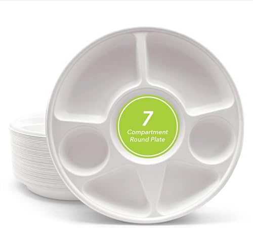 ECONX 7 Compartment Bagasse Plate Round Heavy Duty Super Strong Eco-Friendly Disposable Bagasse Plates Biodegradable Ideal for Birthday, Anniversary, BBQs, Picnics, Suitable for Hot & Cold Food (200)