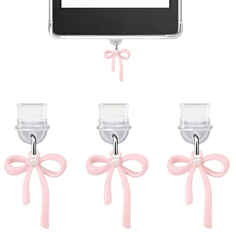 Kinretixia 12 Stück Staubschutzstecker mit rosa Schleife USB-C Staubschutz Stöpsel Set, Schutzkappen für Type-C Anschlüsse, kompatibel mit iPhone 15 bis 16 Pro Max