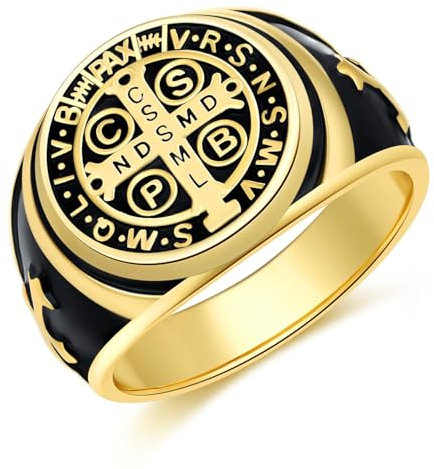 Saint Benedict Ring Gold, 925 Sterling Silber Siegelring Damen/Herren, Fingerring St. Benedikt Vintage Religiöser Kreuz Ring für Männer Damen