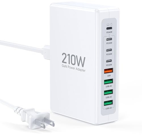 USB C Charger Block, 210W 8-Port Upgraded GaN III Super Fast Charging Station Hub, PD 45W Charger Compatible with MacBook Air, iPad, iPhone17 16 15 14 13 Pro Max, Samsung Galaxy S25/24 Ultra, Tablets
