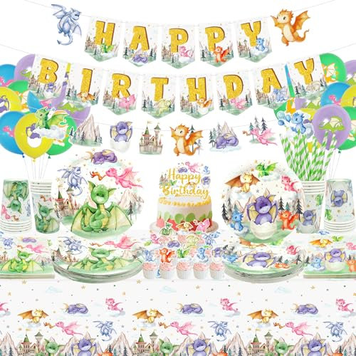 Drachen-Geburtstagsparty-Dekoration, einschließlich Happy Birthday Party-Banner, Teller, Tassen, Servietten, Tischdecke, Luftballons, Strohhalme, Drachen-Geburtstagsdekorationen für 20 Gäste