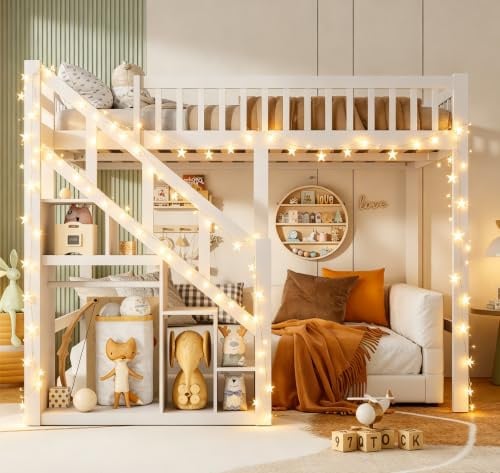 QMTXBYJ Etagenbett 90x200,Kinderbett Hochbett mit Treppe & Aufbewahrungsschrank,Kinderbett 90x200 für 2 Kinder,Kinderhochbett Jugendhochbett mit Lattenrost,Multifunktionsbett Hochbett Kinder