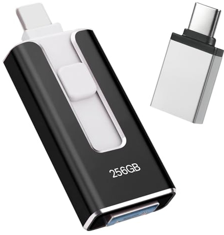 USB Stick 256GB for iPhone, [MFi-certified] 4-in-1 Flash Drive for iphone, Photo Stick for iPhone/iPad/Android/PC, Without App USB 3.0 High-Speed Lightnning Memory Stick Transfer Photos Videos, Black
