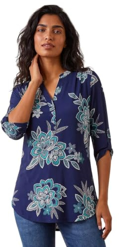 Roman Shirt for Women UK Ladies Top Collarless Blouse Stretchy Tunic Smart Casual Autumn Winter Jersey 3/4 Length Sleeve Notch V Neck Flattering Office Work - Size 12 - Turquoise Navy
