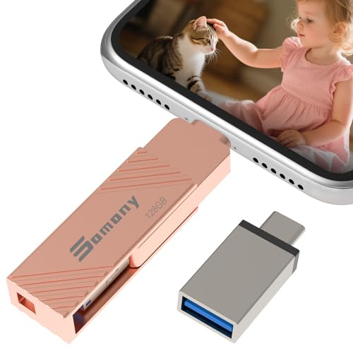 USB Stick iPhone 128GB, Speicherstick für Handy, 4 in 1 USB Stick und 3.0 Stick, Externe Festplatte für iPhone, Speicherstick für iPhone/iOS/Android/Smartphones/Tablets/PC - Rosa