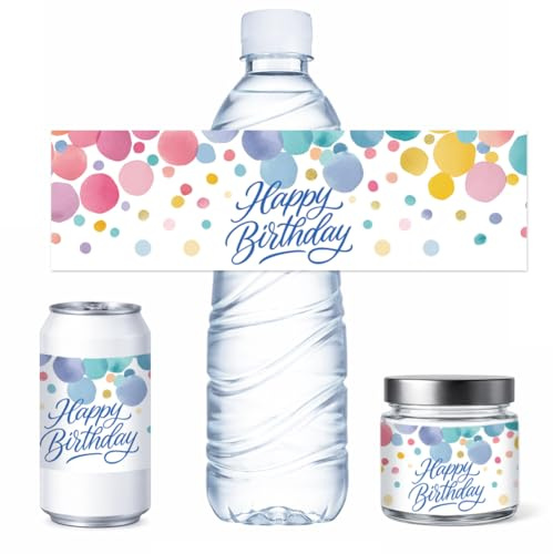 PH PandaHall 100pcs Étiquettes pour Bouteille D'Eau Joyeux Anniversaire, Étiquettes à Pois pour Bouteilles Emballages Décoratifs Imperméables pour Cadeaux D'Anniversaire, Bouteilles D'Eau