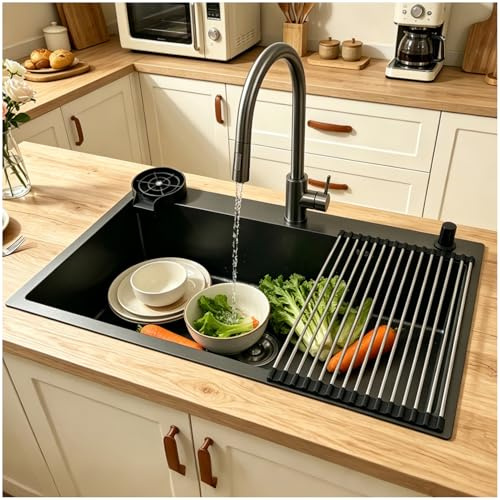 OMGMTSTORE Fregadero de cocina 85x50 cm, negro antracita, fregadero de acero inoxidable, fregadero de cocina XL, fregadero de encimera rectangular, cocina con 3 orificios para grifo, fregadero con