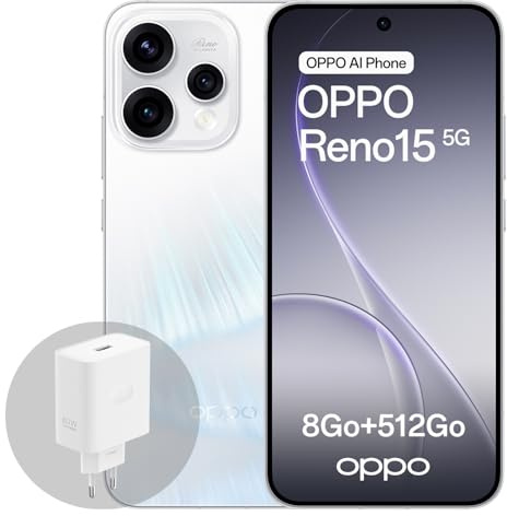 OPPO Reno15 5G Smartphone Android, 8+512GB, Display AMOLED 6.59 120Hz HDR10+, Ritratto Telefono Vibe 3.5X, Batteria 6500mAh, Snapdragon 7 Gen 4, IP69, con Caricatore 80W SUPERVOOC, Aurora White