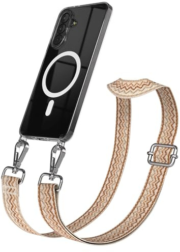 EAZY CASE Handykette - Verstellbares Taschenband kompatibel mit Galaxy A37, Schulterriemen, Handykordel mit Silikon Hülle, Qi Charging kompatibel, Umhängetasche, Beige Braun Silber