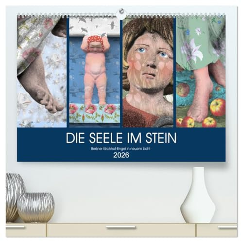 DIE SEELE IM STEIN (hochwertiger Premium Wandkalender 2026 DIN A2 quer), Kunstdruck in Hochglanz: Historische Engel-Statuen auf Berliner Kirchhöfen - zauberhaft coloriert (CALVENDO Kunst)