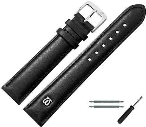 MARBURGER Uhrenarmband 16mm Leder Schwarz Silber Glatt Mit Naht - Montage Set 1001610000120