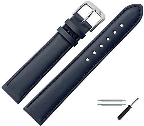MARBURGER Uhrenarmband 17mm Leder Blau Silber Glatt Mit Naht - Montage Set 8071751000120