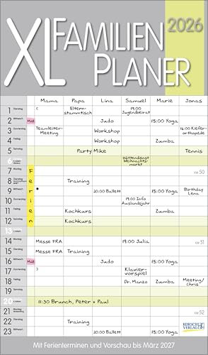 XL Familienplaner Pastell 2026: Familienkalender mit 6 breiten Spalten. Hochwertiger Familientimer mit Ferienterminen, extra Spalte, Vorschau bis März 2027 und nützlichen Zusatzinformationen.