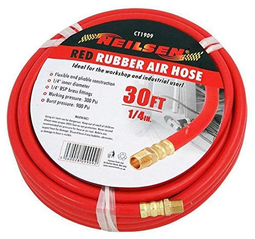 Neilsen CT1909 1/4in. x 30ft Rubber Air Hose - Flexible and Pliable, 1/4in. BSP Brass Fittings, 300 PSI Working Pressure, 900 PSI Burst Pressure
