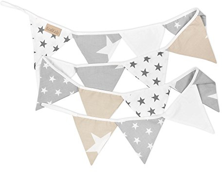 KraftKids Stoff-Wimpelkette Sterne weiss beige grau, handgemachte Wimpel-Girlande aus Baumwolle