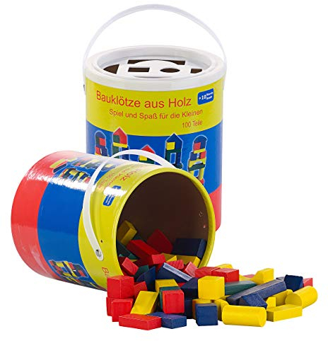 Playtastic Bausteine: 2er-Set Holzbausteine, Aufbewahrungseimer, 100 St., 4 Farben, 6 Formen (Spielbaustein, Lernspielzeug Holz, Spielsachen)