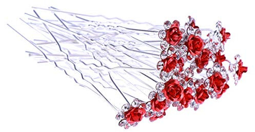 Lurrose Lot de 20 pinces à cheveux élégantes en forme de U avec strass en forme de rose - Accessoires pour cheveux pour fêtes, mariage, quotidienne, bal de fin d'année, mariage - Rouge