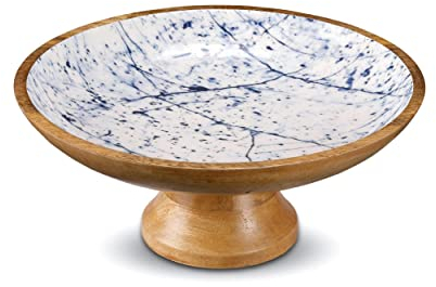 Folkulture Wooden Fruit Bowl or Decorative Fruit Holder for Kitchen Counter or Centerpiece Table Decor, 12-inch Large Storage Basket for Breads or Fruits, Mango Wood. Blue Marble