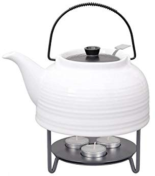 Teeservice „Nelly“. Moderne Teekanne 1,5 Liter in weiß-schwarz aus hitzebeständiger Keramik mit Edelstahlfilter und Metall-Stövchen.