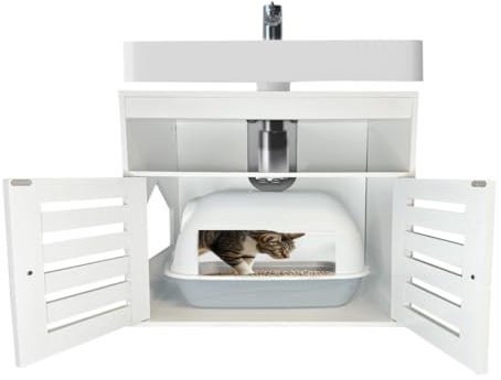 EASECAT Katzenschrank – Waschbeckenunterschrank für Katzenklo oder Katzenhöhle – Flexibler Einstieg (Links/rechts) – Weiß, 60x44x60 cm – Verstecktes Katzenklo, stilvolle Katzentoilettenmöbel