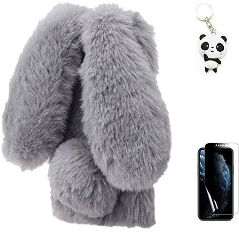 Artfeel Plüsch Kaninchen Hülle für iPhone SE 2020,Niedlich Pelzig Hase Ohren Haarballen Weich Flauschige Winter Warm Handyhülle Faux Pelz Glitzer Diamant Stoßfest Silikon Schutzhülle,Grau