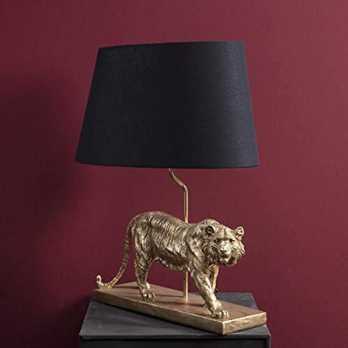Werterhalt ums Haus Tischleuchte goldener Tiger mit schwarzem, ovalem Lampenschirm