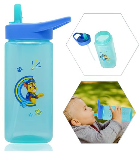 HOVUK Paw Patrol Chase Printed Straw Sippers, Blue Plastic Water Bottle with Silicone Pop-Up Straw, 420ml BPA-Free for Kids 6+ months