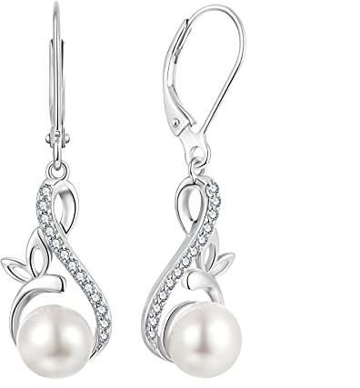 JO WISDOM Ohrringe Hängende Unendlichkeit Schmetterling Silber 925,Perlenohrringe Damen mit 3A Zirkonia mit 8mm Süßwasserperle,Schmuck für Frauen