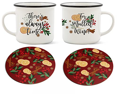 NOT JUST A PRINT Mulled Wine Set of Mugs - Single, Pair or Set of 4 or 6 of Ceramic Camping Tea Coffee Mug with Optional Christmas Coasters | Unique Design in Gift Ready Box