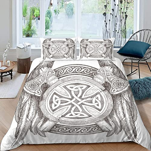 MOUPL Wikinger Bettwäsche 155x220 3teilig 3D Axt Viking Bettbezug Set mit Reißverschluss 100% Leicht Mikrofaser Kuschelig Atmungsaktive Sommer Viking Betten Set mit 2 Kissenbezug 80x80 cm
