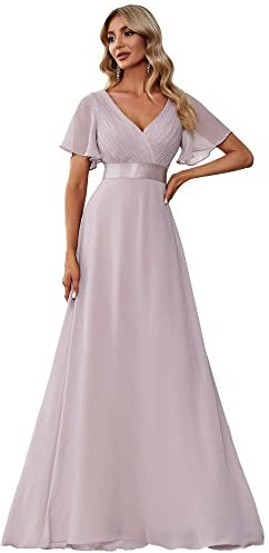Ever-Pretty Women's Double V-Neck Short Flutter Sleeves Empire Waist Elegant Chiffon Long Bridesmaid Dresses Lilac 12UK
