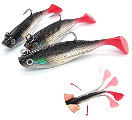 Peslogy 3D Eyes Soft Fishing Lure Single Hook Baits Artificial Bait Fishing Accessories with Floating Swivel Tail for Bass, Trout, Red Drum, Pike, Mackerel, Pollock, Cod in Freshwater and Saltwater