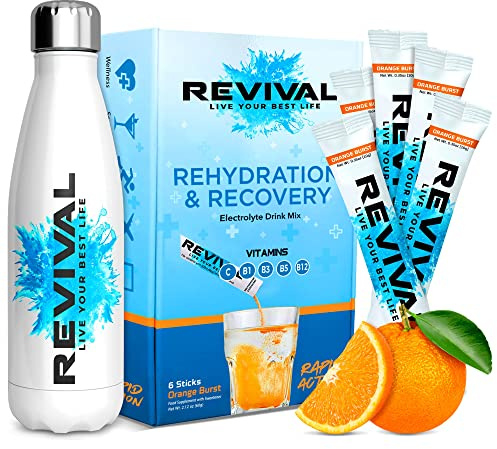 Revival Rapid Rehydration Starter Pack - 500ml Steel Water Bottle With 1 x 6 Packs Electrolytes Powder Sachets - Orange Burst